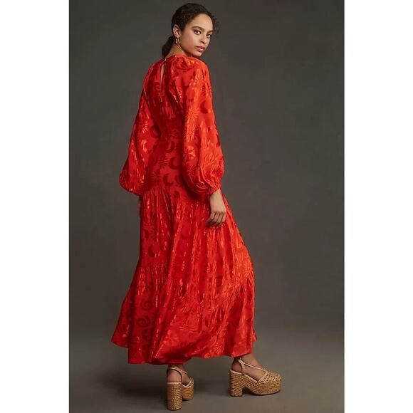 NWD Farm Rio Long-Sleeve V-Neck Jacquard Maxi Dress Size XXS Red #8A405 - Picture 3 of 12